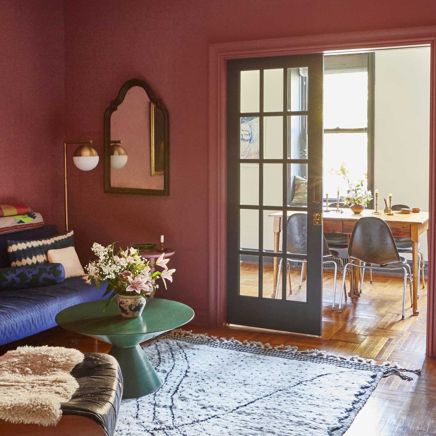 Burgundy and light sales blue living room